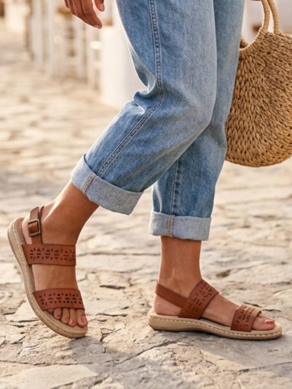 Earth Spirit Laser-Cut Brown Comfy Slingback Sandals Size 8 Boho Casual Summer